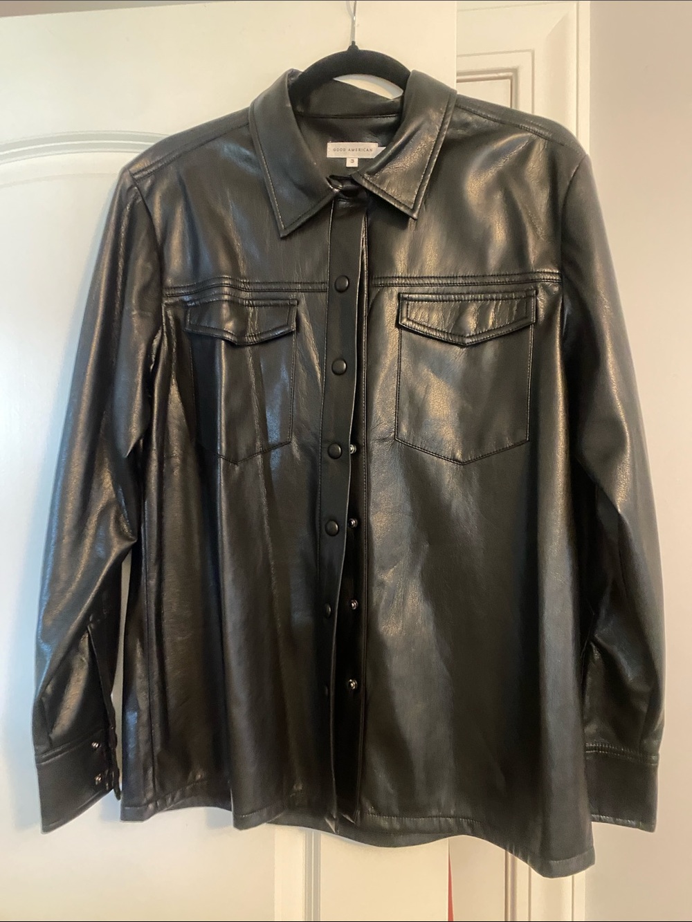 Good American Black Faux Leather Shirt Jacket